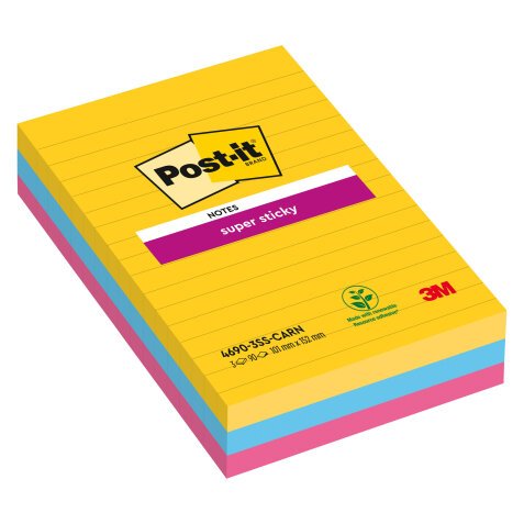 Notes lignées repositionnables couleurs Carnival Super Sticky Post-it 101 x 152 mm - bloc de 90 feuilles