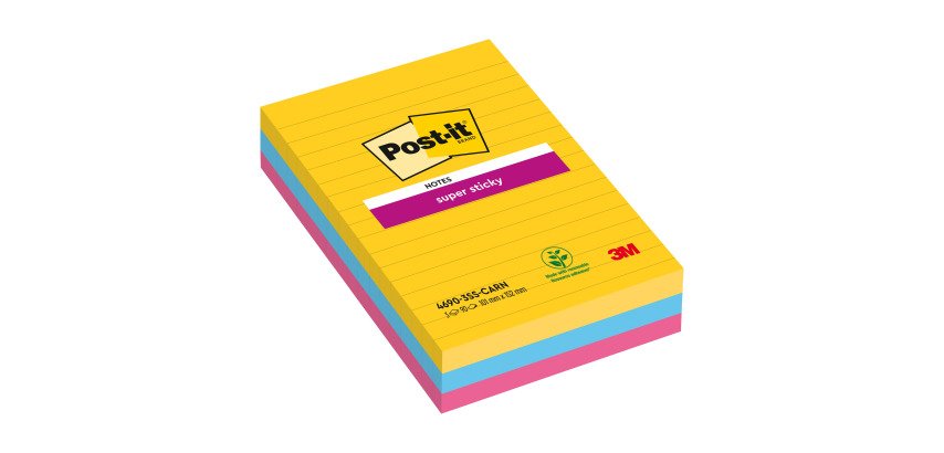 Notes lignées repositionnables couleurs Carnival Super Sticky Post-it 101 x 152 mm - bloc de 90 feuilles