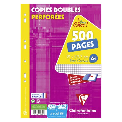 Copies doubles 500 pages petits carreaux A4 21 x 29,7 cm Métric Clairefontaine - perforées