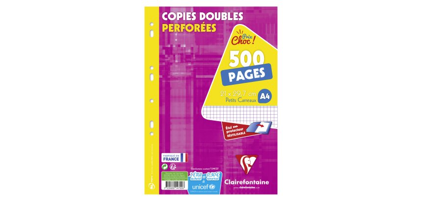 Copies doubles 500 pages petits carreaux A4 21 x 29,7 cm Métric Clairefontaine - perforées