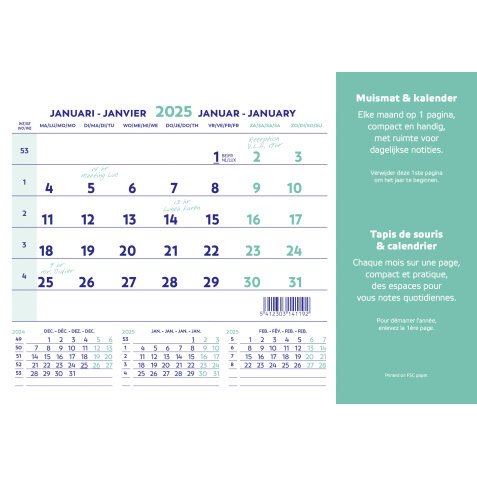 Tapis souris + calendrier mensuel millésimé 2025 - 23 x 18 cm
