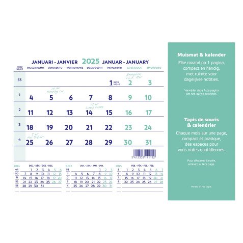 Tapis souris + calendrier mensuel millésimé 2026 - 23 x 18 cm