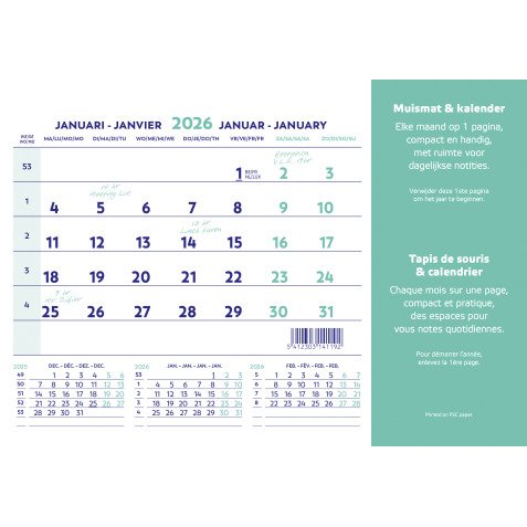 Tapis souris + calendrier mensuel millésimé 2026 - 23 x 18 cm