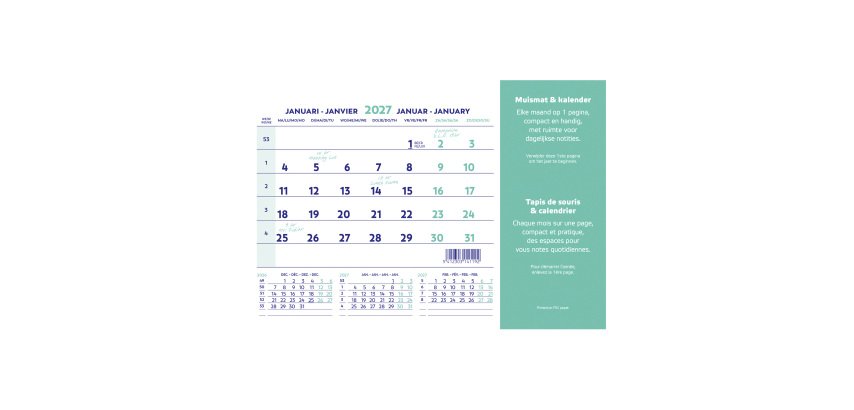Tapis souris + calendrier mensuel millésimé 2027 - 23 x 18 cm