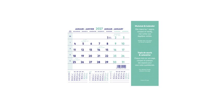 Tapis souris + Calendrier mensuel millésimé 2027 - 23 x 18 cm