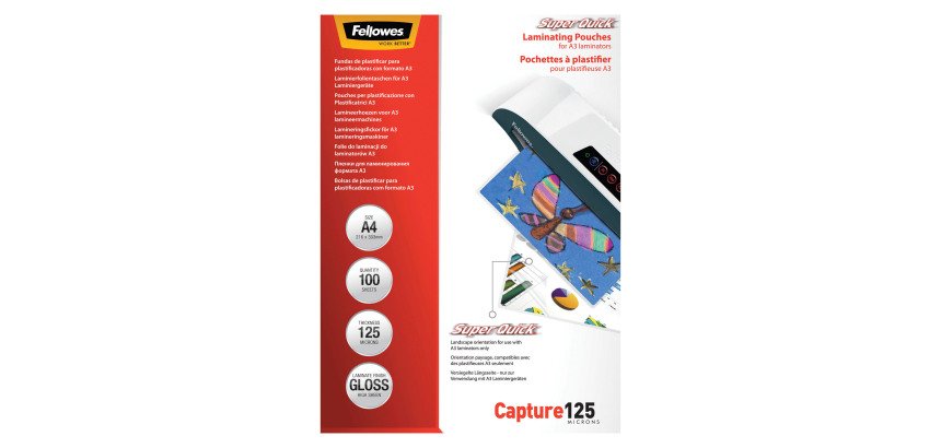 Pochettes de plastification SuperQuick Fellowes A4 2 x 125 µ brillantes - Boite de 100