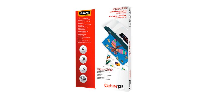 Paquete de 100 fundas de plastificación térmica Fellowes SuperQuick A4, 2 x 125 µ, brillante