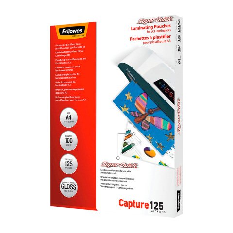Paquete de 100 fundas de plastificación térmica Fellowes SuperQuick A4, 2 x 125 µ, brillante