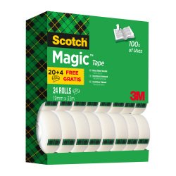 Pack 20 unsichtbare Scotch Magic Klebebänder 33 m + 4 gratis. Beim Kauf eines Packs 20+4 = 1 Set mit 2 Textmarkern gratis.