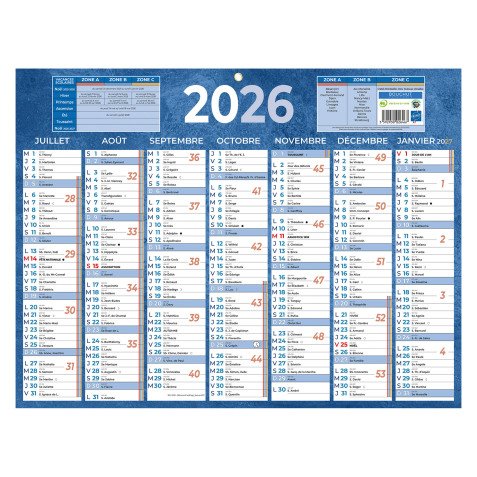 Calendrier semestriel mural 2026 - 32 x 42 cm - 7 mois