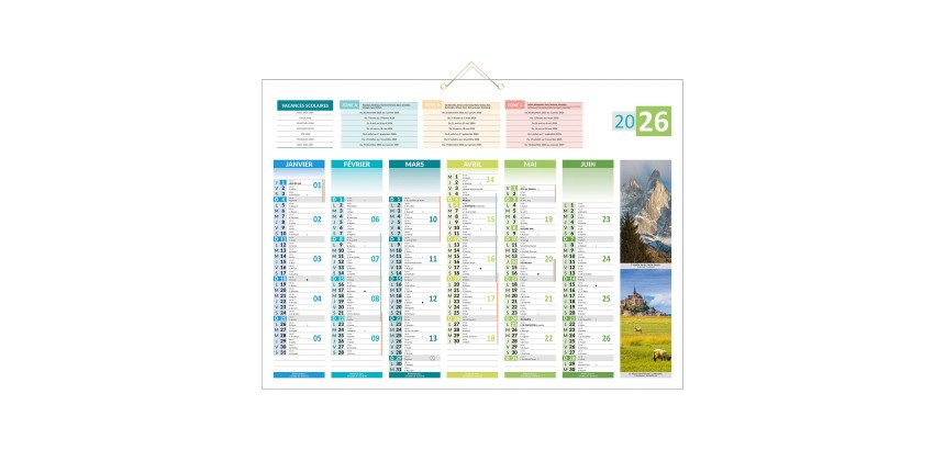 Calendrier semestriel mural 2026 - 4 saisons - 40,5 x 55 cm