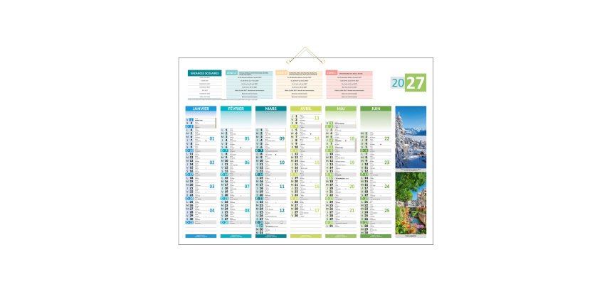 Calendrier semestriel mural 2027 - 4 saisons - 40,5 x 55 cm