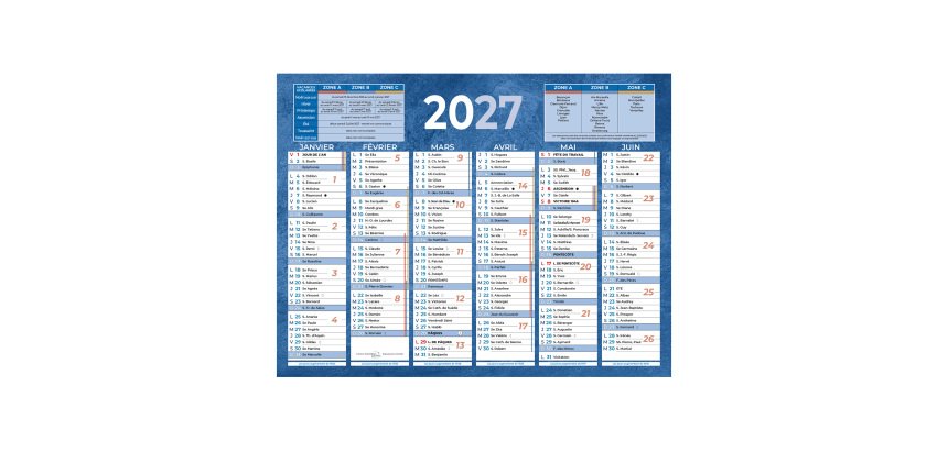 Calendrier semestriel mural année 2027 - 13,5 x 17,5 cm