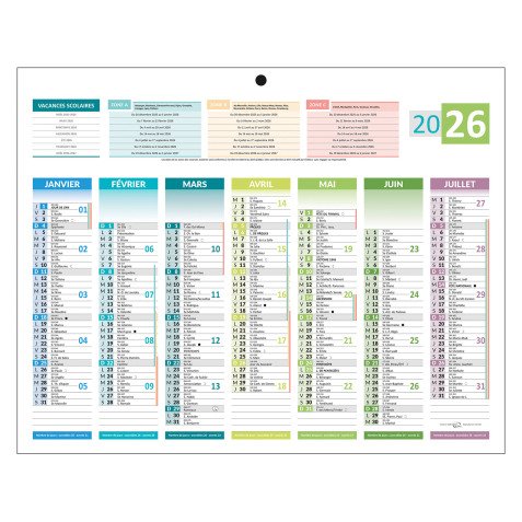 Calendrier semestriel mural 4 saisons 2026 - 26,5 x 21 cm