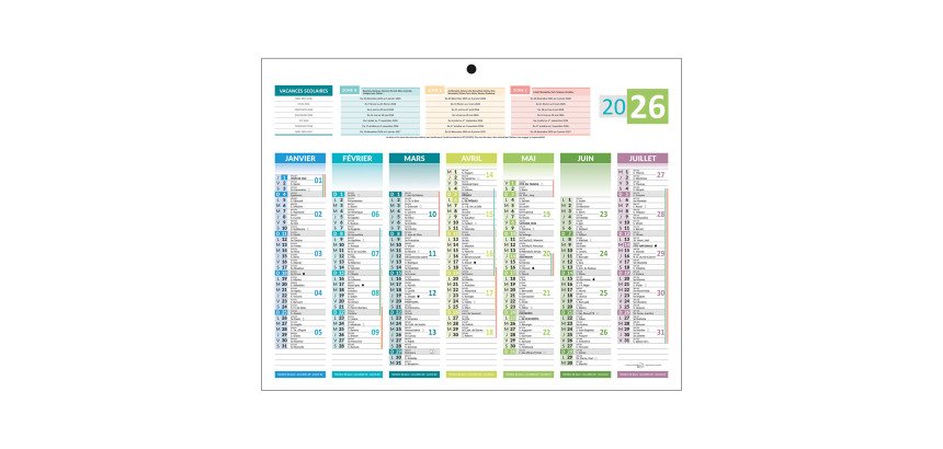 Calendrier semestriel mural 4 saisons 2026 - 26,5 x 21 cm