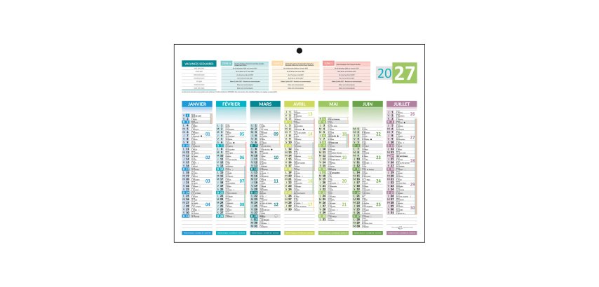 Calendrier semestriel mural 4 saisons 2027 - 26,5 x 21 cm