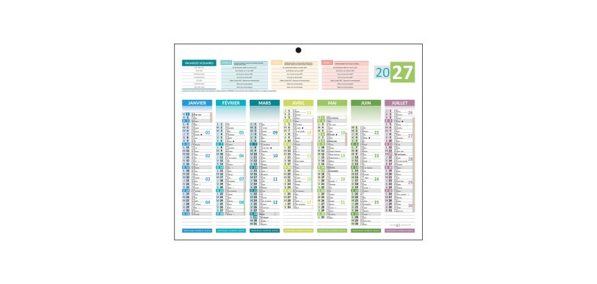 Calendrier semestriel mural 4 saisons 2027 - 26,5 x 21 cm