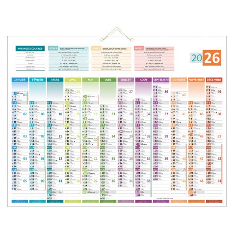 Calendrier annuel mural 2026 - 12 mois recto 4 saisons / carte Europe verso - 43 x 55 cm