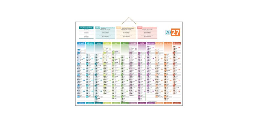 Calendrier Annuel mural 2027 - Verso carte Europe - 55 x 43 cm