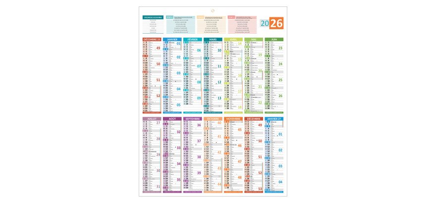 Calendrier annuel mural 2026 - carte France - 55 x 43 cm
