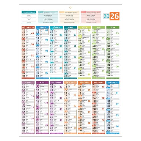 Calendrier annuel mural 2026 - carte France - 55 x 43 cm