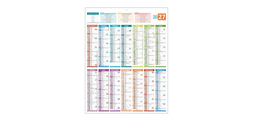 Calendrier annuel mural 2027 - carte France - 55 x 43 cm