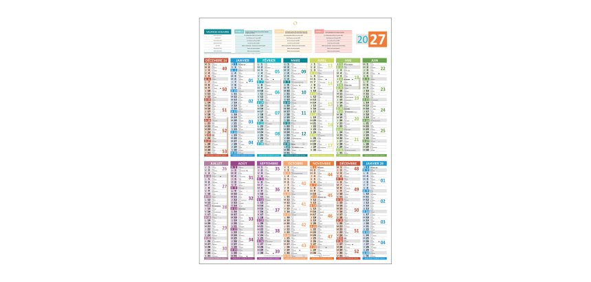 Calendrier annuel mural 2027 - carte France - 55 x 43 cm