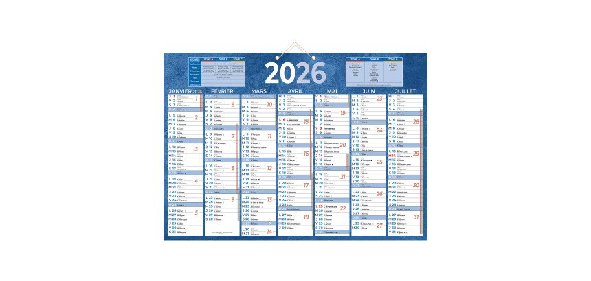 Calendrier semestriel mural 2026 - 38,5 x 54 cm - 7 mois