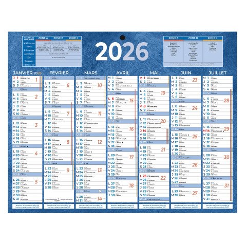 Calendrier semestriel mural année 2026 - 21 x 26,5 cm - 7 mois
