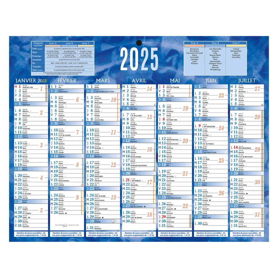 Calendrier semestriel mural année 2024 - 21 x 26,5 cm - 7 mois sur