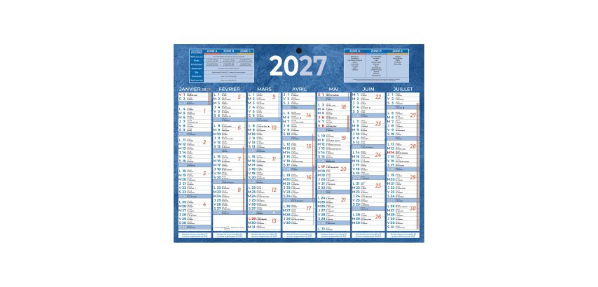 Calendrier semestriel mural année 2027 - 21 x 26,5 cm - 7 mois