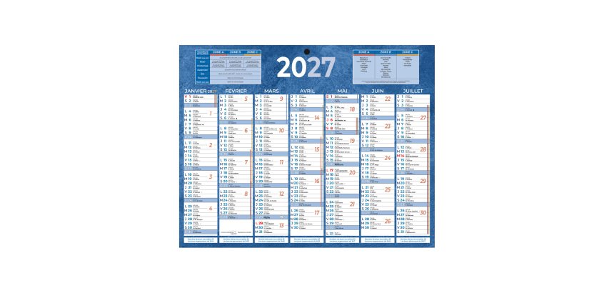 Calendrier semestriel mural année 2027 - 21 x 26,5 cm