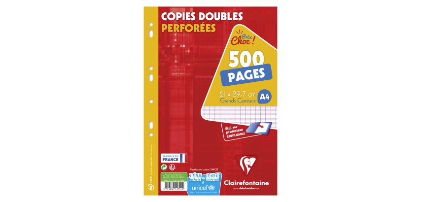 Copies doubles 500 pages séyès 90g format A4 21 x 29,7 cm Metric Clairefontaine - perforées