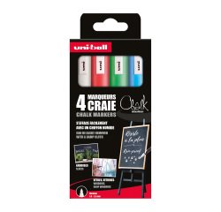 Krijtmarkers Uni-Ball Chalk medium kegelpunt 1,8 tot 2,5 mm - Pak van 4 geassorteerde klassieke kleuren