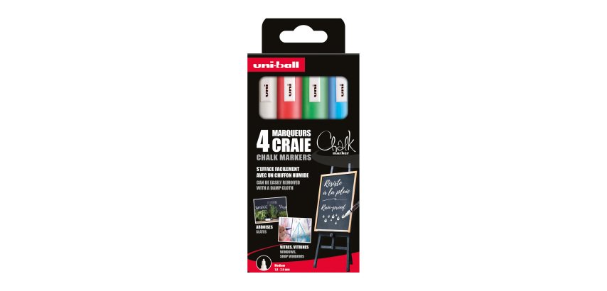 Krijtmarkers Uni-Ball Chalk medium kegelpunt 1,8 tot 2,5 mm - Pak van 4 geassorteerde klassieke kleuren