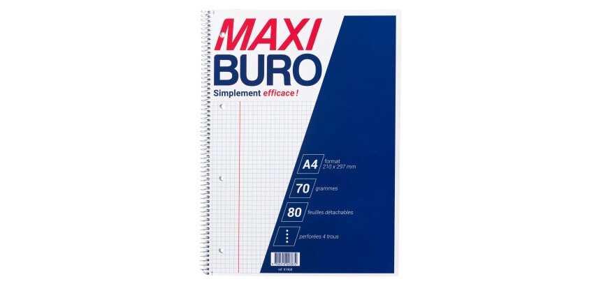 Cahier à spirales A4 21 x 29,7 cm petits carreaux 80 feuilles - Maxiburo