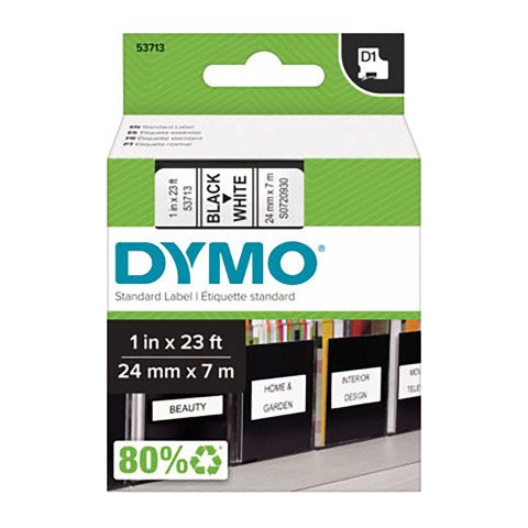 Cinta Dymo D1 Ancho 24 mm x 7 m. Escritura negra, fondo blanco. Dymo 53713