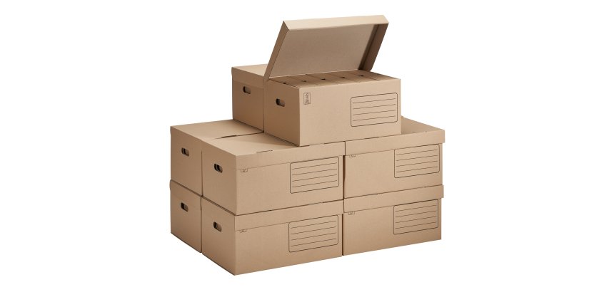 Pack 60 boîtes archives dos 10 cm + 10 caisses Éco brunes