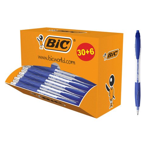 Pack de 30 bolígrafos de bola Atlantis Bic retráctiles + 6 GRATIS azul