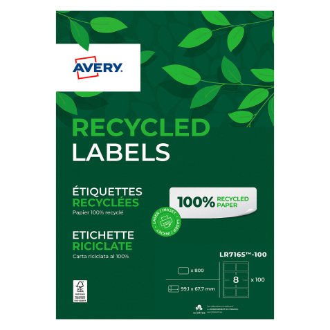 Doos 800 gerecycleerde adresetiketten Avery laser 99,1 x 67,7 mm LR7165 wit