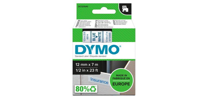 Ruban polyester Dymo D1 12 mm S0720540 fond blanc