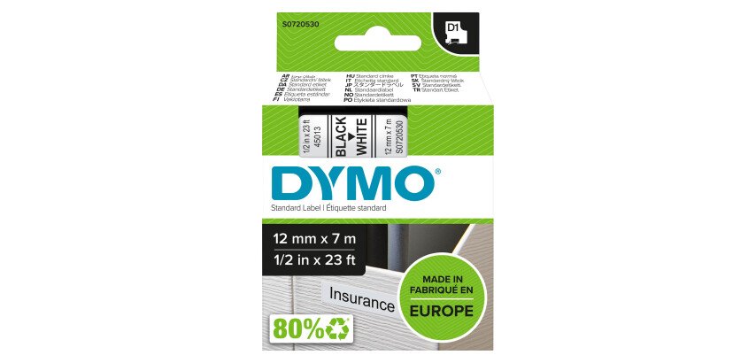 Ruban polyester Dymo D1 12 mm S0720540 fond blanc