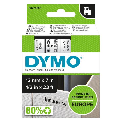 Ruban polyester Dymo D1 S0720500 12 mm transparent écriture noire