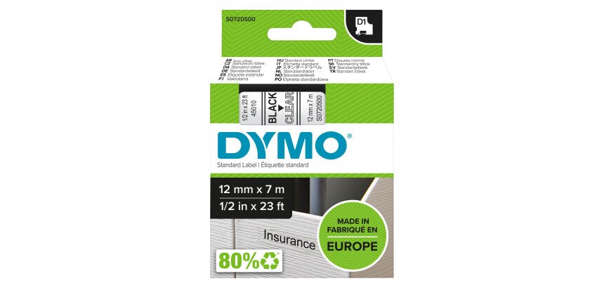 Ruban étiqueteuse Dymo fond transparent écriture noire longueur 7 m