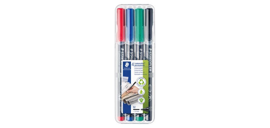 Stylo feutre Staedtler Lumocolor 317 M permanent écriture moyenne - Étui de 4 couleurs classiques