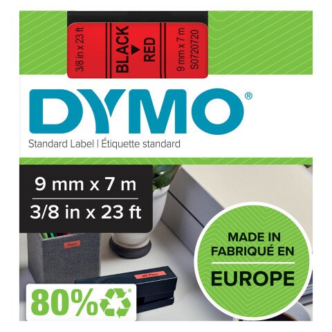 Cintas Dymo 9 mm escritura negra, fondo rojo. Dymo 40917