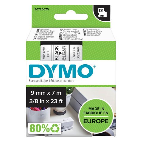 Band Dymo 9 mm transparent - schwarze Bedruckung 1000/2000/3500/5000/550