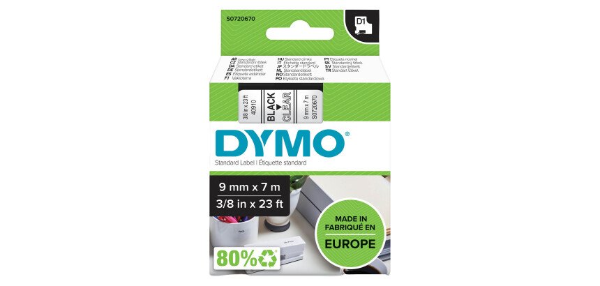 Ruban étiqueteuse Dymo fond transparent écriture noire 9 mm x 7 m