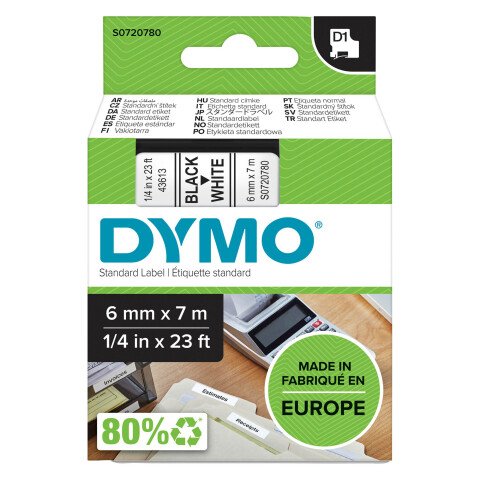 Cinta D1 ancho 6 mm x 7m escritura negra, fondo blanco Ref. Dymo 43613