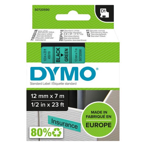 Cintas 12 mm escritura negra, fondo verde Ref. Dymo 45019